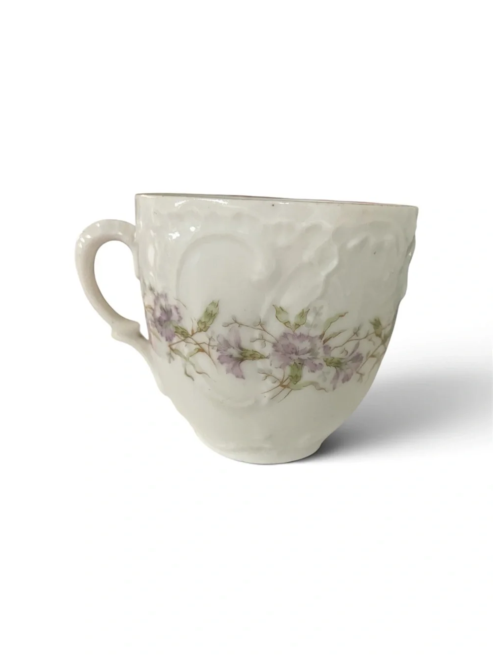 Vintage White Floral Porcelain Teacup with Lavender Flower Garland